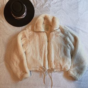 Anthropologie Ivory Faux Fur Cropped Bomber Jacket